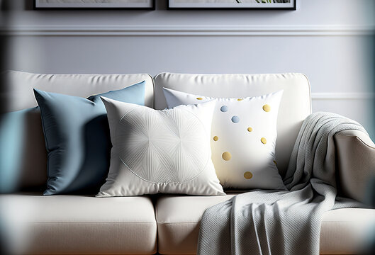 A Couch With A Blanket On Top Of It Next To Two Pictures On The Wall Above It And A Blanket On The Back Of The Couch In Front Of The Couch With A Throw Pillow.