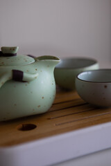 Asian tea set on bamboo mat,Closeup.