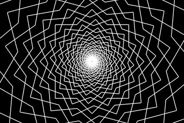 Distorted abstract lines, wireframe tunnel. The white wave spiral wavy lines circle on the black background.