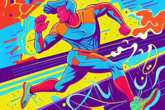 very colourful pop art style illustration of a man running, generative ai
