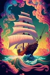 illustration, a sailing ship at sea, 3D illustration.