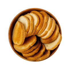 Dry Round Crackers Isolated, Sliced French Baguette Bread, Crunchy Croutons, Bruschetta Crackers,...