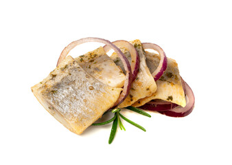 Salted Herring Fillet Isolated, Raw Pickled Fish Meat, Marinated Herring on White Background