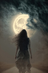 Back turned woman, long hair blowing in wind, wearing a leather jacket, walking away in front of a full moon and stormy clouds.