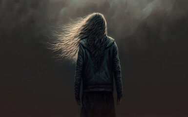 Full moon, stormy clouds, and a woman walking away with her back turned and long hair flowing, wearing a leather jacket.