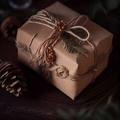 A christmas present wrapped in ecological paper, ecological wrapped gift, generative ai