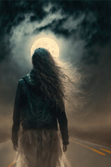 Woman with long hair, walking away with back turned, wearing a leather jacket, under a full moon and stormy clouds.