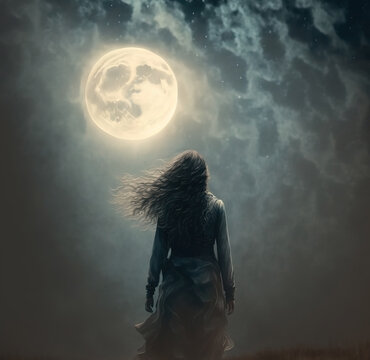 Full moon, stormy clouds, woman walking away, back turned, wearing a leather jacket and with long hair flowing.
