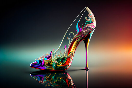 Crystal Glass Slipper.  Women's shoe with heel.  Image created with Generative AI technology.