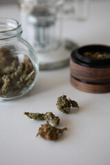 Clear glass bong. Smoking marijuana at home.