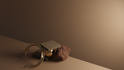 stone box for product display with nature elementon tabletop, 3D rendering