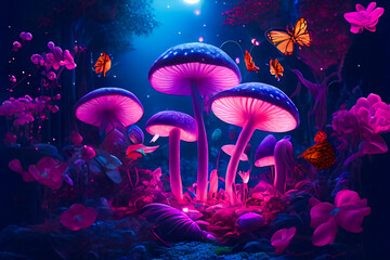 Glowing mushrooms in the night forest.  Generative AI.