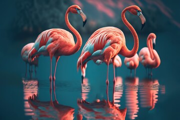flamingo birds standing on a beautiful lake - obrazy, fototapety, plakaty