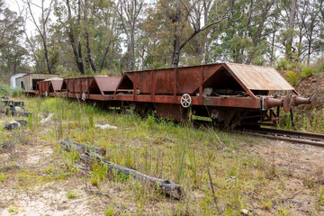 Photograph of several old and rusty train carriages that have been scrapped and are parked on an unused portion of train track amongst trees in a forest