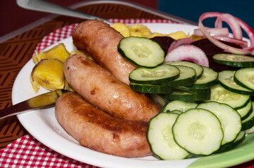 Plate with meal consisting of roasted sausage and cucumber salad