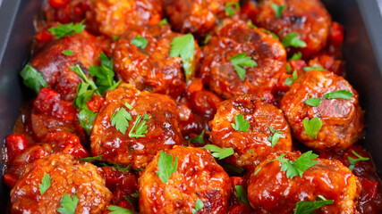 Homemade meatballs with tomato sauce, spices and fresh green parsley in black pan close up. Tasty cooked meat balls made with minced beef. Top View, Flat lay.