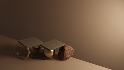 stone box for product display with nature elementon tabletop, 3D rendering