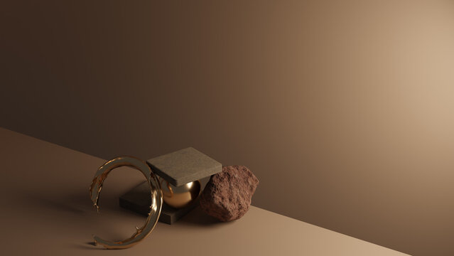 stone box for product display with nature elementon tabletop, 3D rendering