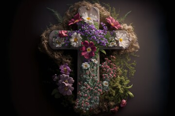 Easter Sunday service with a cross and flowers