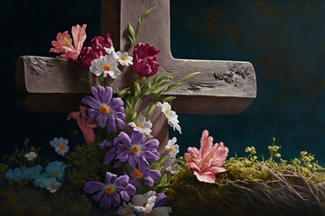 Easter Sunday service with a cross and flowers