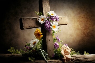 Easter Sunday service with a cross and flowers