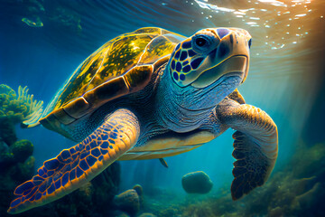 Fototapeta premium Sea turtle swims under water. Generative AI.