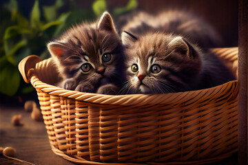 Fototapeta na wymiar Small cats kittens in basket. Generative AI.