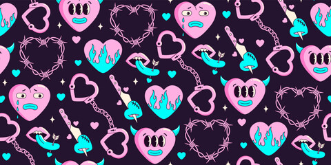 Y2k neon seamless pattern  of funny cartoon hearts and elements. In psychedelic weird style. Vector hand drawn background. Trendy neon 2000s style. Anti valentines day conception. Pink, blue color.