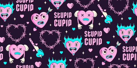 Y2k neon seamless pattern  of funny cartoon hearts and elements. In psychedelic weird style. Vector hand drawn background. Trendy neon 2000s style. Anti valentines day conception. Pink, blue color.