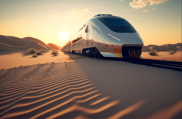 Beautiful high speed train in desert at sunset in summer. Generative AI. Modern intercity passenger train, sand, blue sky with clouds. Railway tourism. Railroad. Commercial transportation. Art