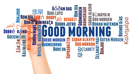 Good morning in different languages word cloud and hand