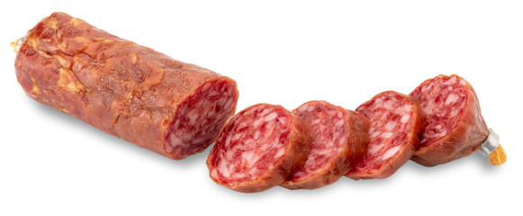 Sliced salami sausage cut out on transparent