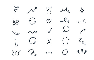 Set of hand-drawn cartoon expression sign doodle line stroke. Movement drawing effect, curve express directional arrows,character emotion symbols, emoticon effects design elements.