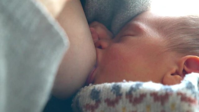 close-up of a newborn baby suckling. breastfeeding