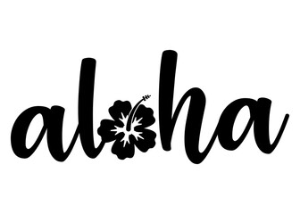 Logo destino de vacaciones. Letras de la palabra hawaiana aloha en texto manuscrito con silueta de flor de hibisco en lugar de letra o © teracreonte