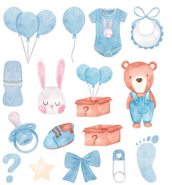 Set Of Baby Icons Boy Watercolor Blue Revelation Tea