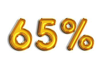 65% off discount promotion sale made of realistic 3d gold helium balloons. Illustration of golden percent symbol for selling poster, banner, ads, shopping concept. Numbers isolated on white background