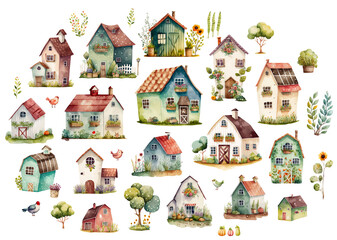 Cute cartoon farm houses collection, village, rural buildings, watercolor digital illustration