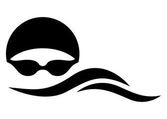 Icono plano aislado con silueta de cabeza de nadador con sombrero de natación y gafas protectoras con olas - obrazy, fototapety, plakaty