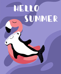 Vector ocean illustration with hammerhead fish on an inflatable flamingo. Hello summer - modern lettering.Underwater marine animals.Design for banner,flyer,postcard, website design,t-shirt,poster