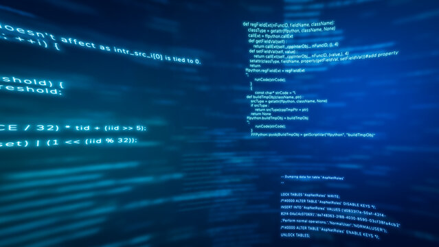 Software development writing programming code monitor, cyber security network script attack screen, abstract coding business data analysis technology background 3d illustration