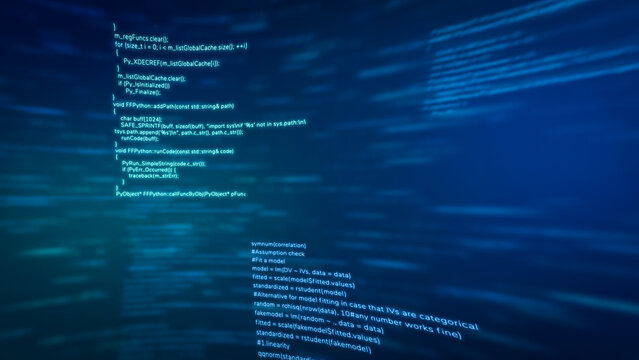 Software development writing programming code monitor, cyber security network script attack screen, abstract coding business data analysis technology background 3d illustration