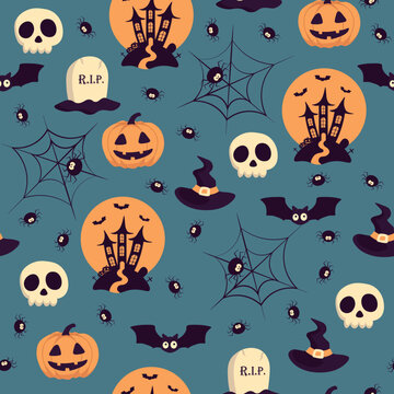 Vector Halloween pattern with grave,bat,skull,Halloween pumpkin,witch hat,spider and web, castle.Use for event invitation,discount voucher,advertising,greeting card,logo,packaging,textile,web