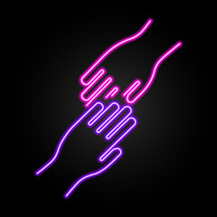 helping hand neon sign, modern glowing banner design, colorful modern design trends on black background. Vector illustration.