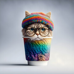 Cute hipster cat wearing a knit wool beanie, holding cup of coffee illustartion