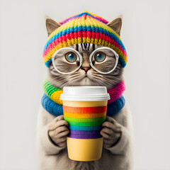 Cute hipster cat wearing a knit wool beanie, holding cup of coffee illustartion Generative AI