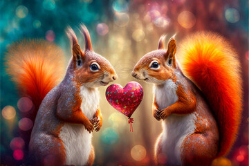 Fototapeta Zwei verliebte Eichhörnchen mit Herzluftballon. Verliebte Tiere zu Valentinstag obraz