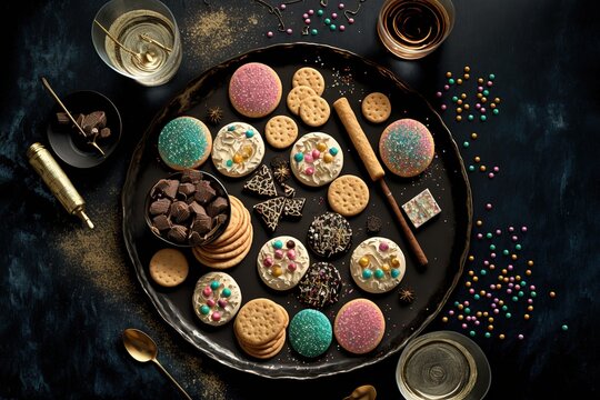 A photograph or illustration of a new year's food or drink, such as champagne or a tray of cookies, with festive elements added, such as confetti or streamers