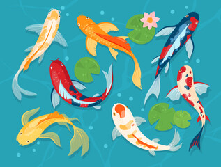 Koi carp fishes. Vector icon set of traditional japanese gold carp in pond with lotus, water lily. Japanese oriental garden with goldfish for posters, cards, banners, book, pattern, web. 