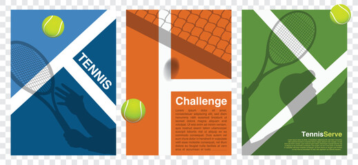 Tennis tournament Poster, Banner or Flayer - Players, Rackets and Ball on the line, net challenge - Simple retro competition - Sports championship - Vector Illustration Blue, Orange, Green floor  - obrazy, fototapety, plakaty